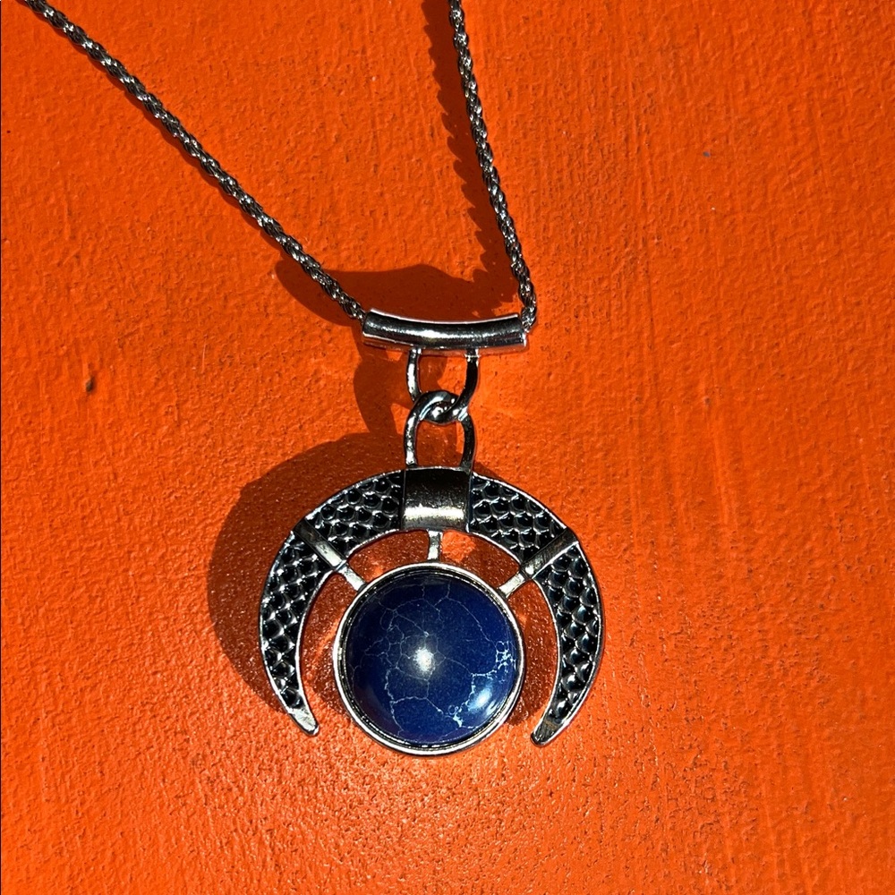 Cato Silver Necklace with Deep Blue Pendant long